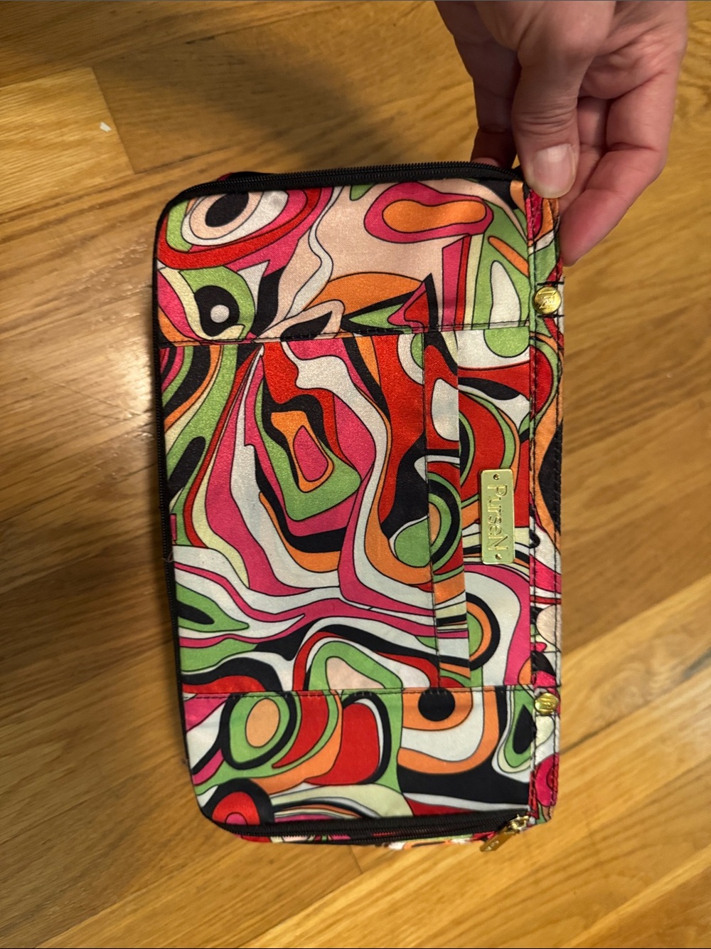 PurseN Multicolor Swirl Print purse saver with Gold Plaque